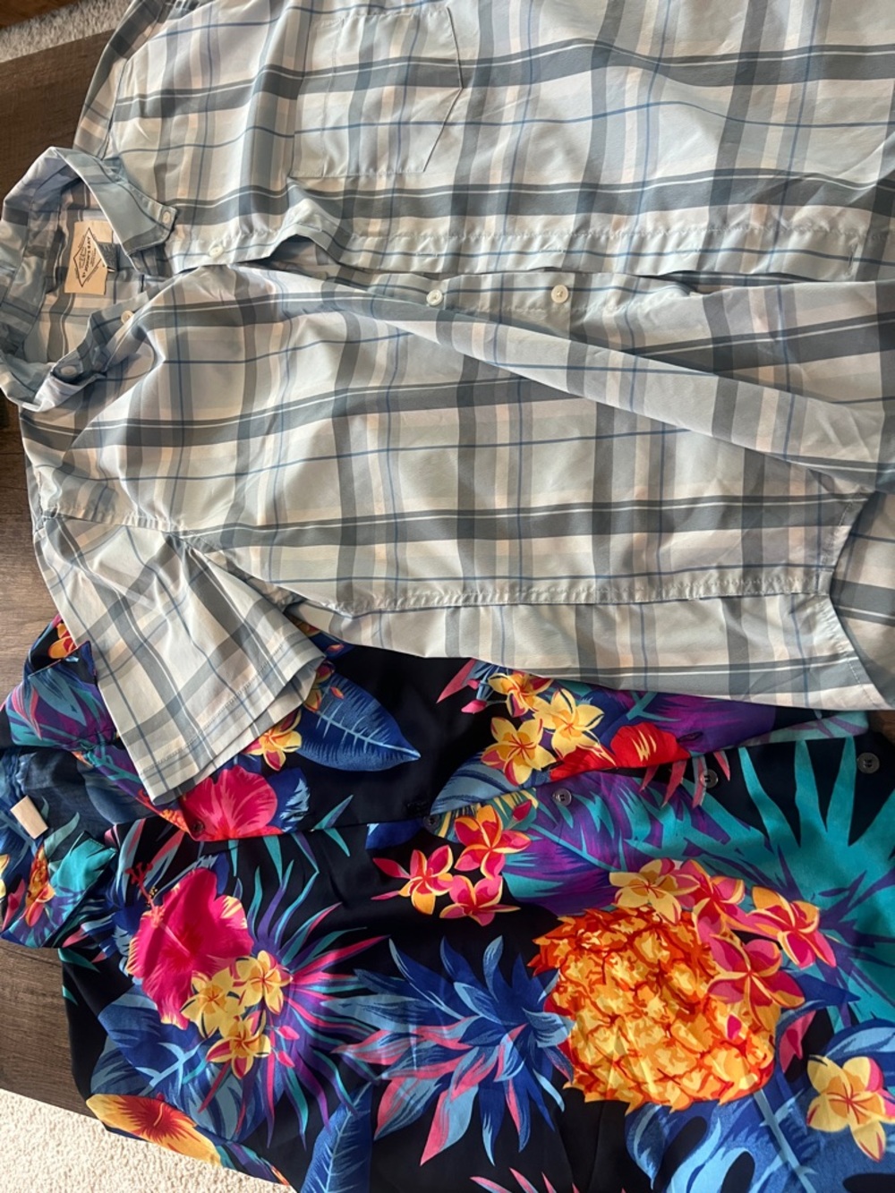 Light Blue Plaid Button-Up & Tropical Pineapple Hawaiian Shirt Duo